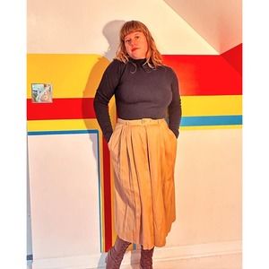 1970s vintage khaki midi skirt with pockets safari klute sz m